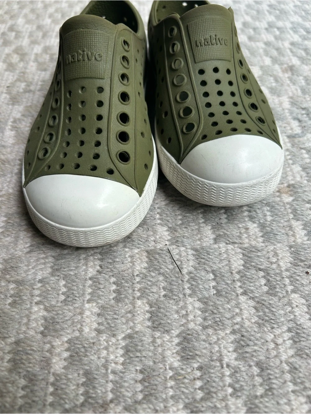 Native Kids Slip-On Water Shoes in Olive Green with White Toe Caps